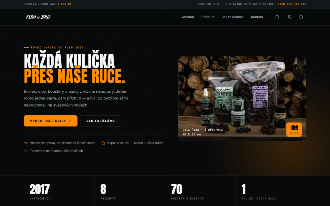 Úvodní stránka návrhu eshopu FISH is BRO s nabídkou boilies