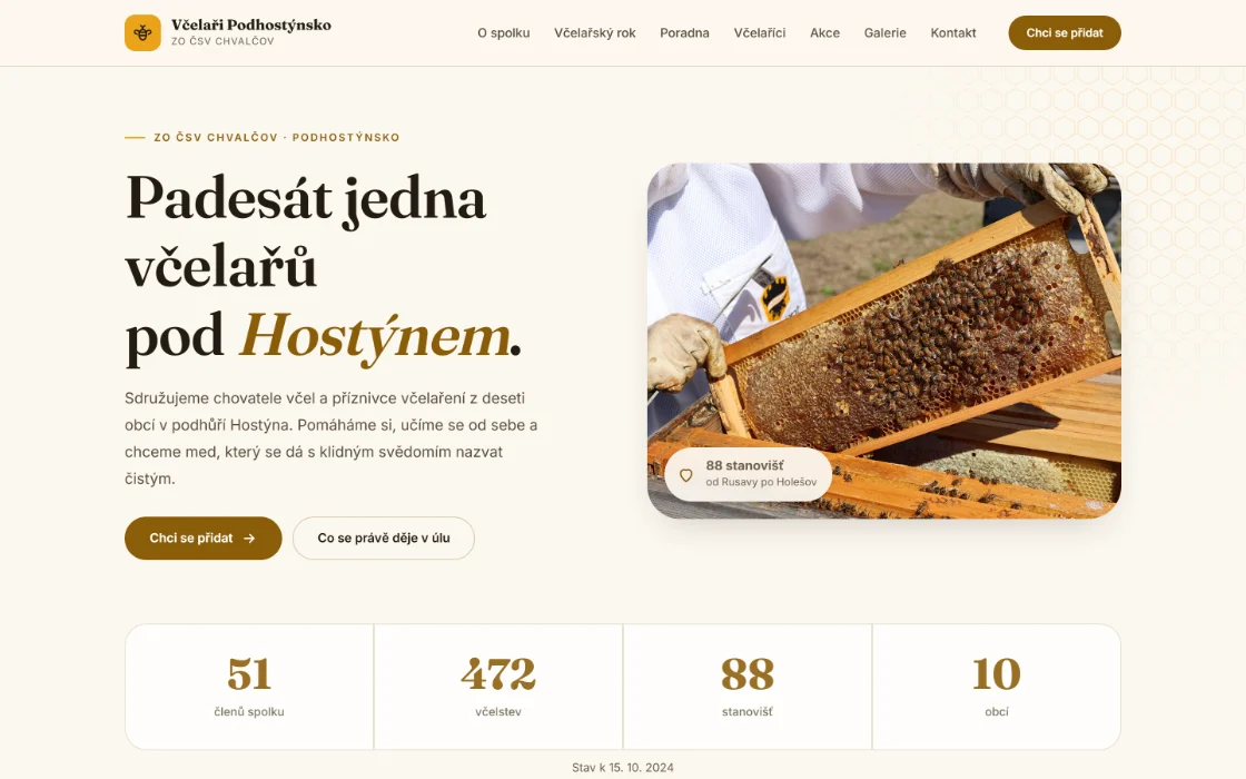 Úvodní stránka návrhu webu pro včelařský spolek Podhostýnsko